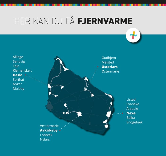 Oversigtskort. Her kan du få fjernvarme. Hasle, Klemensker, Sorthat, Muleby, Nyker, Allinge, Sandvig, Tejn Aakirkeby, Lobbæk, Nylars, Vestermarie Østerlars, Østermarie, Gudhjem, Melsted Nexø, Balka, Snogebæk, Årsdale, Svaneke, Listed